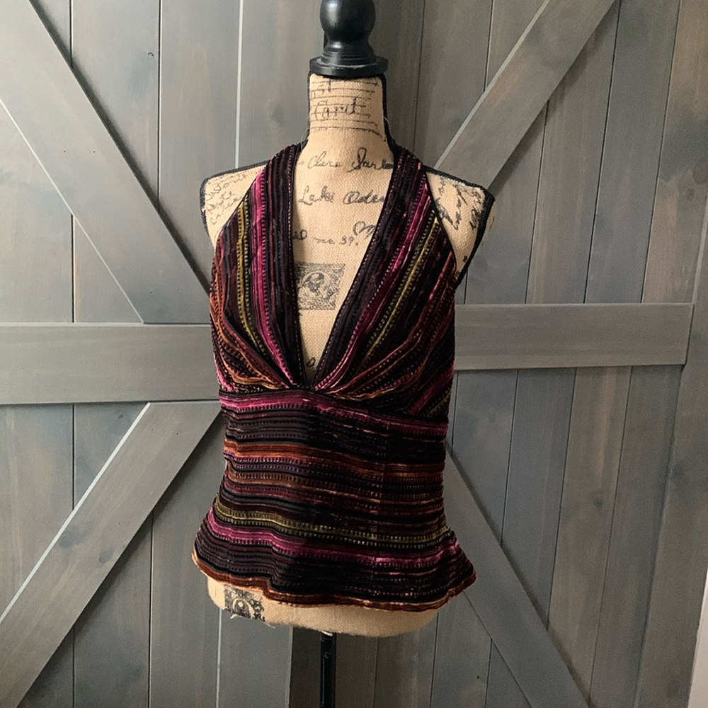 Kay Unger NY, Halter Party Top.  Black multi jewel toned velvet overlay, size 14
